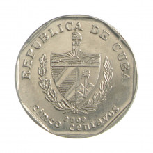 Km#575.2 5 Centavos 2000 MBC+ Cuba América  Aço com revestimento de níquel 18(mm) 2.65(gr)