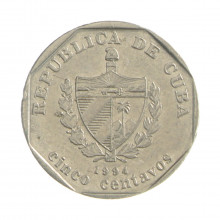Km#575.1 5 Centavos 1994 MBC Cuba América  Aço com revestimento de níquel 18(mm) 2.65(gr)