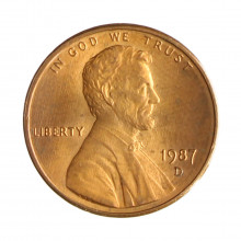 Km#201b 1 Cent 1987 D MBC+ Estados Unidos  América  Lincoln Memorial  Zinco com revestimento de cobre  19.05(mm) 2.5(gr)