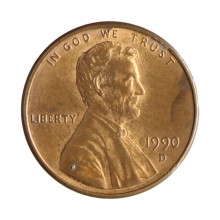 Km#201b 1 Cent 1990 D MBC Estados Unidos  América  Lincoln Memorial  Zinco com revestimento de cobre  19.05(mm) 2.5(gr)