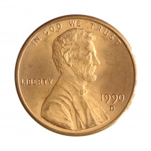 Km#201b 1 Cent 1990 D MBC+ Estados Unidos  América  Lincoln Memorial  Zinco com revestimento de cobre  19.05(mm) 2.5(gr)