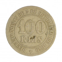 Moeda V-009 100 Réis 1879 MBC C/ Marca de Verniz Cupro Níquel Ø27mm 10gr.