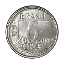 Moeda V-431 5 Cruzeiros Reais 1994 FC Data Dífícil Aço Inoxidável Ø21mm 3,3gr.