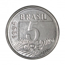 Moeda V-431 5 Cruzeiros Reais 1994 SOB/FC Data Dífícil Aço Inoxidável Ø21mm 3,3gr.
