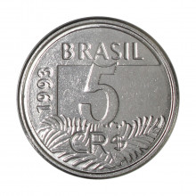Moeda V-430 5 Cruzeiros Reais 1993 SOB/FC  Aço Inoxidável Ø21mm 3,3gr.