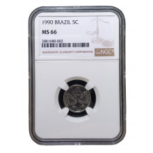 Moeda V-407 5 Centavos 1990 Pescador MS 66 Graduada NGC Aço Inoxidável  Ø17,5mm 2,2gr.