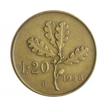 Moeda KM#97.1 20 Liras 1958 R MBC Itália Europa Bronzital Ø21,25mm 3,6gr.