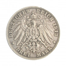 Moeda KM#996 3 Mark 1913 D MBC+ Alemanha Europa Prata 0.900 Ø33mm 16,67gr.