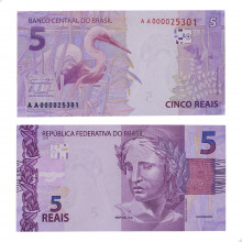 Cédula C-340 AA 5 Reais 2013 Baixas e Altas numerações FE - Guido Mantega 2ª Chancela / Alexandre A. Tombini