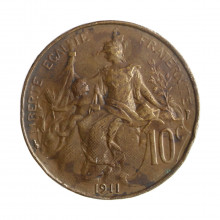 Moeda KM#843 10 Centimes 1911 BC/MBC França Europa Bronze Ø30mm 10gr.
