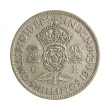 Moeda KM#855 2 Shillings 1946 MBC+ Reino Unido Europa Prata 0.500 Ø28,5mm 11,31gr.