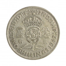 Moeda KM#855 2 Shillings 1942 MBC Reino Unido Europa Prata 0.500 Ø28,5mm 11,31gr.