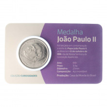 Blister Medalha Papa João Paulo II Brasil América Santuário Nossa Sra Aparecida 1991 Aço Inoxidável Ø27mm 3,9gr.