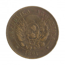 Moeda KM#33 2 Centavos  1891  MBC Argentina América   Bronze  Ø30mm 10gr.