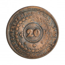 Moeda C-607 40 Réis 1826 R MBC C/ Carimbo Geral 20 Cobre Ø35mm 14,34gr.