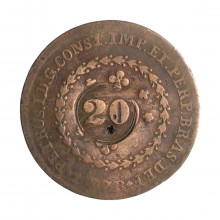 Moeda C-608 40 Réis 1827 R BC/MBC C/ Carimbo Geral 20 Cobre Ø35mm 14,34gr.