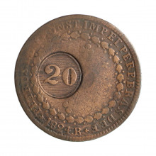 Moeda C-605a 40 Réis 1824 R MBC C/ Carimbo Geral 20 Disco Grosso Cobre Ø35mm 14,34gr.