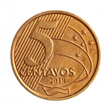Moeda V-484 5 Centavos 2018 MBC+ Aço Revestido de Cobre Ø22mm 4,1gr.