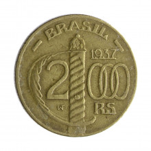 Moeda V-161 2000 Réis 1937 MBC Duque de Caxias C/ Sinais de Limpeza Bronze-Alumínio Ø26,5mm 9gr.*