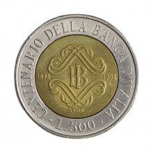 Km#160 500 Liras 1993 R MBC Itália Europa Centenário do Banco da Itália Bimetálico: Núcleo de bronze alumínio e de aço