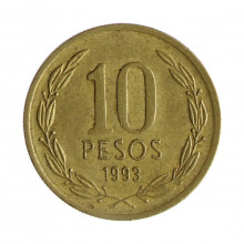 Km#228.2 10 Pesos 1993 SO MBC Chile  América  Cobre-alumínio-níquel 21(mm) 3.5(gr)