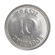 Moeda V-402 10 Cruzados 1988 SOB/FC Aço Inoxidável Ø27mm 6,1gr.