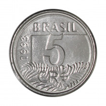 Moeda V-430 5 Cruzeiros Reais 1993 FC Arara Aço Inoxidável Ø21mm 3,3gr.