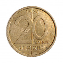 Moeda KM#191 20 Francs 1996 MBC+ Bélgica Europa  Latão níquel Ø25,65mm 8,5gr.