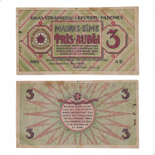 Cédula Notgeld 3 Rubļi 1919 C/Rasgo e Furo Soviete de Riga Letônia Europa UTG
