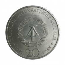 Km#34 20 Mark 1971 A FC Alemanha Democrática Europa 85º aniversário de Ernst Thälmann