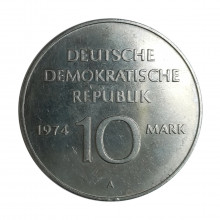 Km#50 10 Mark 1974 A SOB/FC Alemanha Democrática Europa 25º Aniversário da República Democrática Alemã