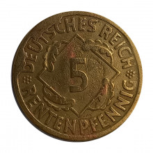 Km#32 5 Rentenpfennig 1924 A MBC Alemanha Europa Império Alemão Cunho Quebrado