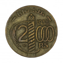 Moeda V-162a 2000 Réis 1938 MBC Duque de Caxias Poligonal Bronze Alumínio Ø26,5mm 9gr.