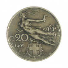 Km#44 20 Centésimos 1908 R (Roma) MBC Itália Europa Níquel 21.5(mm) 4(gr)