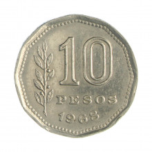 Km#60 10 Pesos 1968 MBC Argentina América Aço com revestimento de níquel 23(mm) 4.9(gr)
