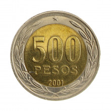 Km#235 500 Pesos  2001 So MBC  Chile  América  Bimetálico  26(mm) 6.5(gr)
