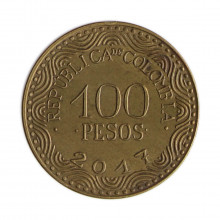 Km#296 100 Pesos  2017 MBC Colômbia  América  Aço com Revestimento de Latão 20.3(mm) 3.34(gr)