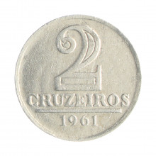 Moeda V-283 2 Cruzeiros 1961 MBC C/ Sinais de Limpeza Alumínio Ø25mm 2.7gr.