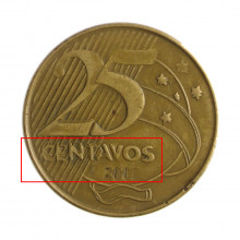 Moeda V-521 25 Centavos 2001 MBC Batida Dupla "Anverso" Aço Revestido de Bronze Ø25mm 7,5gr.