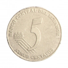 Moeda KM#105 5 Centavos 2000 MBC Equador América Aço Inoxidável Ø21,2mm 4,95gr.