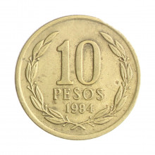 Moeda KM#218 10 Pesos 1984 SO MBC Chile América Latão R Níquel Ø21mm 3,5gr.