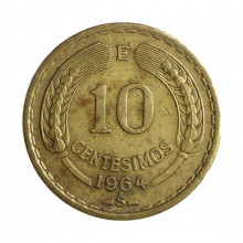 Moeda KM#191 10 Centésimos 1964 SO MBC Chile América Bronze Alumínio Ø27,17mm 8gr.