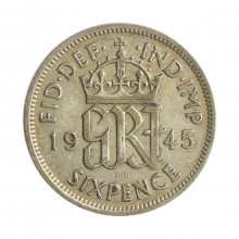 Moeda KM#852 6 Pence 1945 MBC+ Reino Unido Europa Prata 0.500 Ø19,3mm 2,83gr.