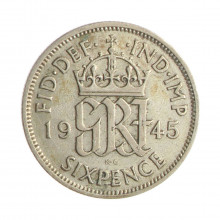 Moeda KM#852 6 Pence 1945 MBC+ Reino Unido Europa Prata 0.500 Ø19,3mm 2,83gr.