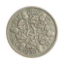 Moeda KM#832 6 Pence 1936 MBC Reino Unido Europa Prata 0.500 Ø19,3mm 2,83gr.