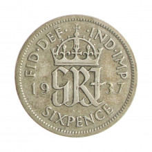 Moeda KM#852 6 Pence 1937 MBC Reino Unido Europa Prata 0.500 Ø19,3mm 2,83gr.