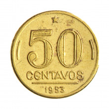 Moeda V-220 50 Centavos 1953 MBC C/Sinais de Limpeza Bronze Alumínio Ø21mm 5gr.