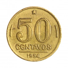 Moeda V-221 50 Centavos 1954 MBC C/Sinais de Limpeza Bronze Alumínio Ø21mm 5gr.