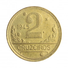 Moeda V-241b 2 Cruzeiros 1945 MBC S/Sigla C/Sinais de Limpeza Bronze Alumínio Ø25mm 8gr.