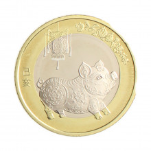Moeda KM#2455 10 Yuan 2019 FC China Ásia Ano do Porco Bimetálico Ø27mm 9,2gr.